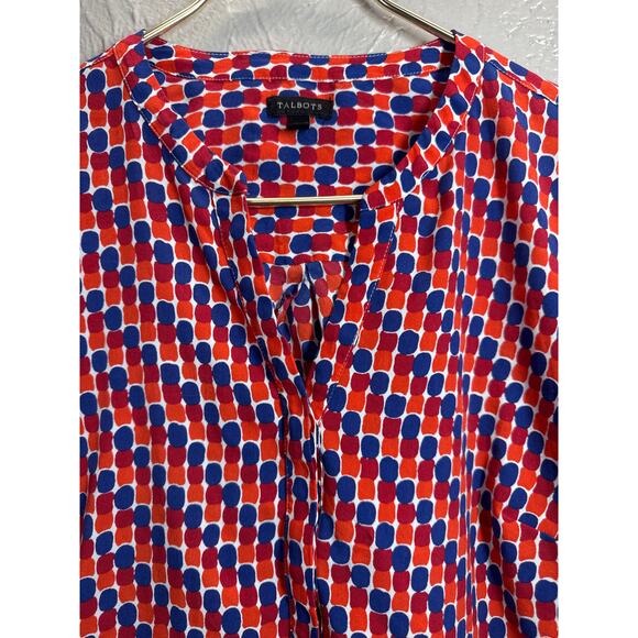 Talbots Womens Popover Tunic Blouse Blue Red Orange Collarless V Neck Medium - Picture 1 of 5